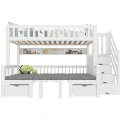 Multifunktionales Hochbett, 90x200cm, 2-in-1-Bett und Schreibtisch, Stauraumleiter, Dekorativer Zaun mit Sternen und Mond, Weiß