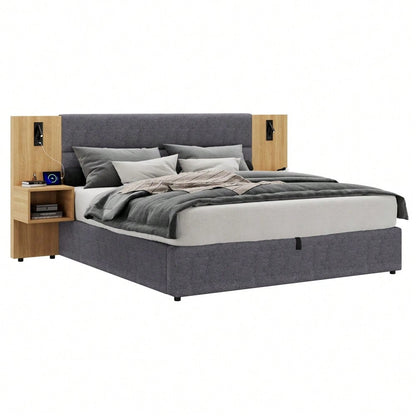 Polsterbett 160 x 200 cm, hydraulisches Breitohrbett mit USB-Anschluss, mit Beleuchtung, inklusive zwei Nachttischen mit Stauraum, Holzlattenrost, einfacher Aufbau, Samt, Grau + Natur