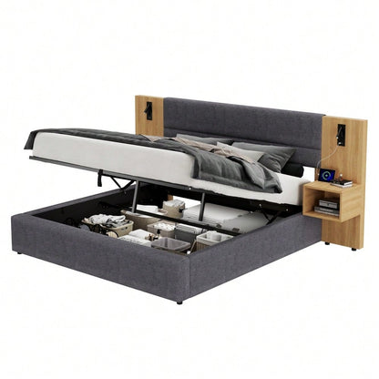Polsterbett 160 x 200 cm, hydraulisches Breitohrbett mit USB-Anschluss, mit Beleuchtung, inklusive zwei Nachttischen mit Stauraum, Holzlattenrost, einfacher Aufbau, Samt, Grau + Natur