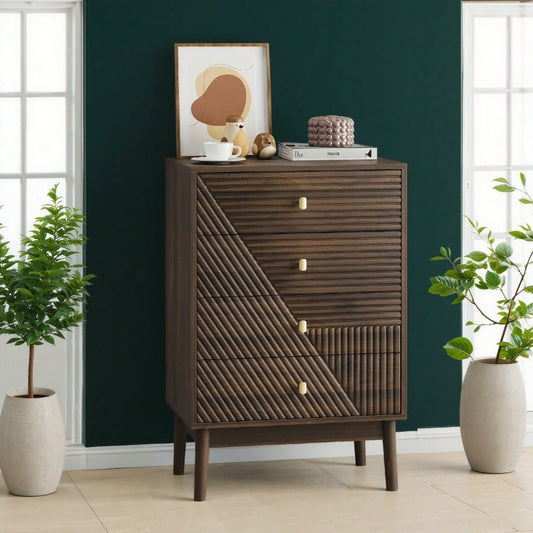 Kommode mit 4 Schubladen, moderne Kleiderschrankkommode, Aufbewahrungsschrank aus Holz, Frisiertisch-Aufbewahrungsschrank für Wohnzimmer, Schlafzimmer, Flur (Walnuss)