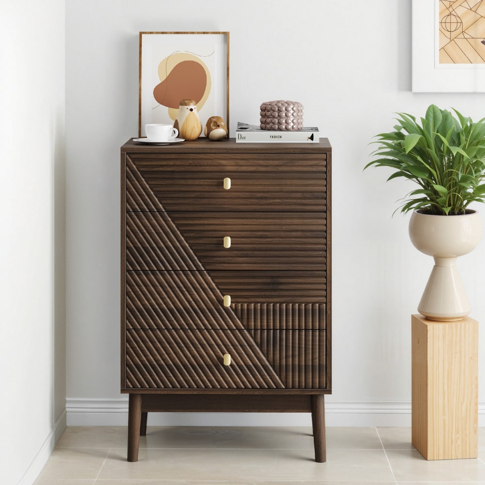 Kommode mit 4 Schubladen, moderne Kleiderschrankkommode, Aufbewahrungsschrank aus Holz, Frisiertisch-Aufbewahrungsschrank für Wohnzimmer, Schlafzimmer, Flur (Walnuss)