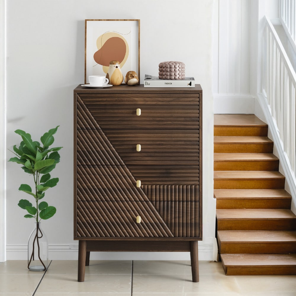 Kommode mit 4 Schubladen, moderne Kleiderschrankkommode, Aufbewahrungsschrank aus Holz, Frisiertisch-Aufbewahrungsschrank für Wohnzimmer, Schlafzimmer, Flur (Walnuss)