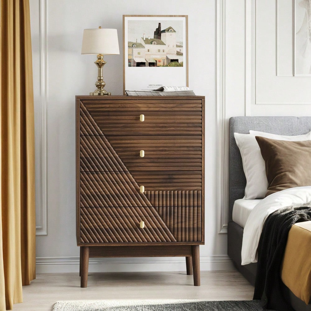 Kommode mit 4 Schubladen, moderne Kleiderschrankkommode, Aufbewahrungsschrank aus Holz, Frisiertisch-Aufbewahrungsschrank für Wohnzimmer, Schlafzimmer, Flur (Walnuss)
