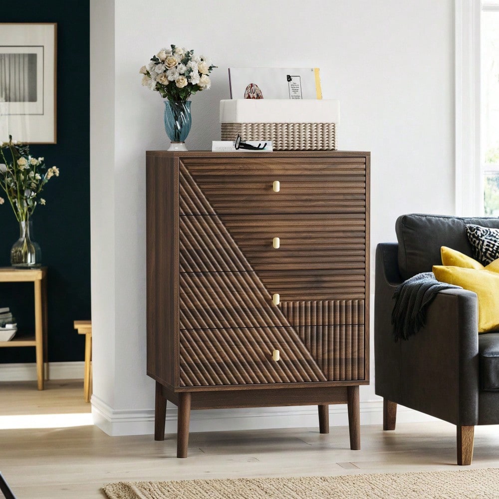 Kommode mit 4 Schubladen, moderne Kleiderschrankkommode, Aufbewahrungsschrank aus Holz, Frisiertisch-Aufbewahrungsschrank für Wohnzimmer, Schlafzimmer, Flur (Walnuss)