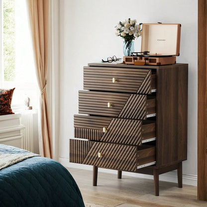 Kommode mit 4 Schubladen, moderne Kleiderschrankkommode, Aufbewahrungsschrank aus Holz, Frisiertisch-Aufbewahrungsschrank für Wohnzimmer, Schlafzimmer, Flur (Walnuss)