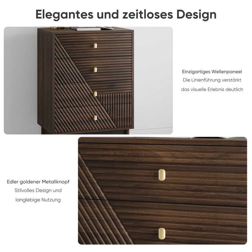 Kommode mit 4 Schubladen, moderne Kleiderschrankkommode, Aufbewahrungsschrank aus Holz, Frisiertisch-Aufbewahrungsschrank für Wohnzimmer, Schlafzimmer, Flur (Walnuss)