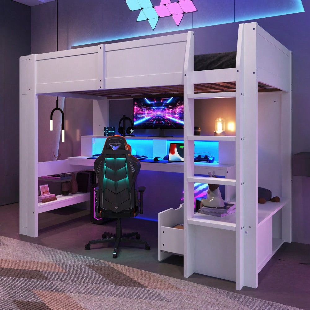 Hochbett,90*200cm ,Gaming Bett mit Schreibtisch, Mit LED-Leuchten,  Schreibtisch,Schublade, Regale, ohne Matratze, Weiß