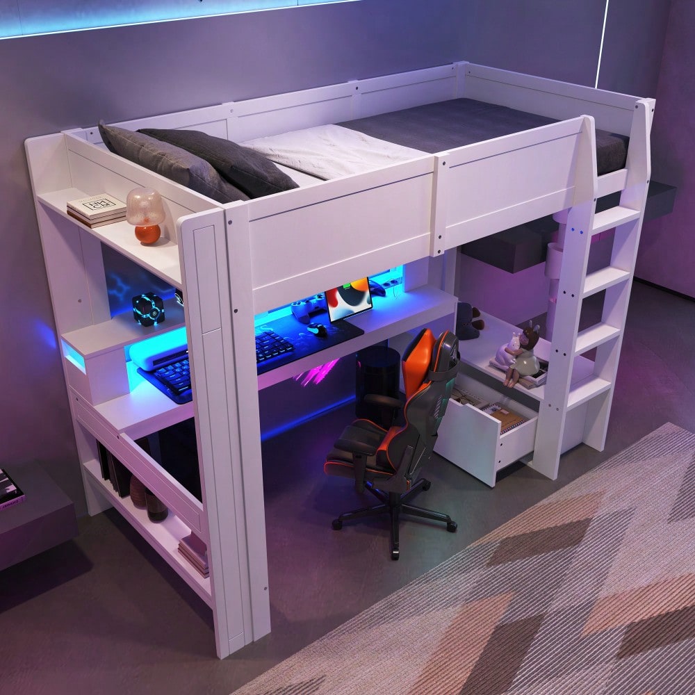 Hochbett,90*200cm ,Gaming Bett mit Schreibtisch, Mit LED-Leuchten,  Schreibtisch,Schublade, Regale, ohne Matratze, Weiß