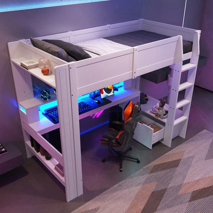 Hochbett,90*200cm ,Gaming Bett mit Schreibtisch, Mit LED-Leuchten,  Schreibtisch,Schublade, Regale, ohne Matratze, Weiß