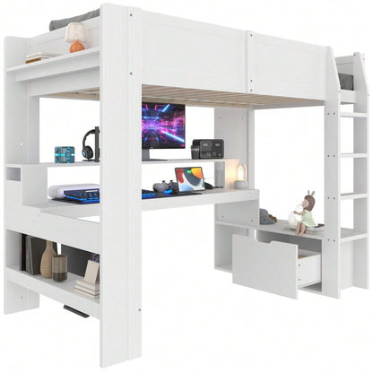 Hochbett,90*200cm ,Gaming Bett mit Schreibtisch, Mit LED-Leuchten,  Schreibtisch,Schublade, Regale, ohne Matratze, Weiß