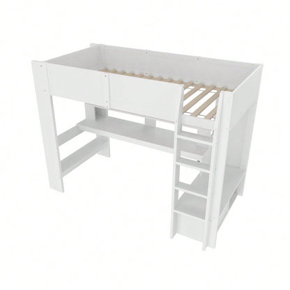 Hochbett,90*200cm ,Gaming Bett mit Schreibtisch, Mit LED-Leuchten,  Schreibtisch,Schublade, Regale, ohne Matratze, Weiß