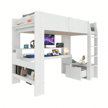 Hochbett,90*200cm ,Gaming Bett mit Schreibtisch, Mit LED-Leuchten,  Schreibtisch,Schublade, Regale, ohne Matratze, Weiß