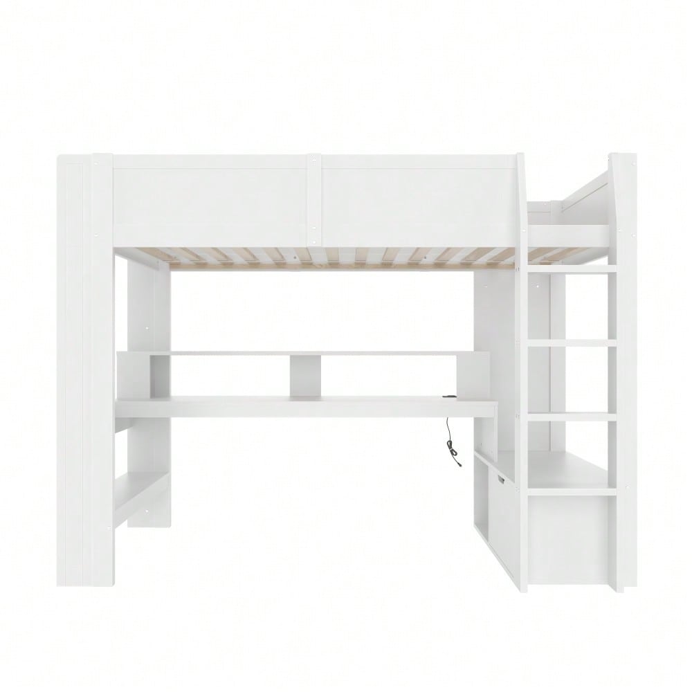 Hochbett,90*200cm ,Gaming Bett mit Schreibtisch, Mit LED-Leuchten,  Schreibtisch,Schublade, Regale, ohne Matratze, Weiß