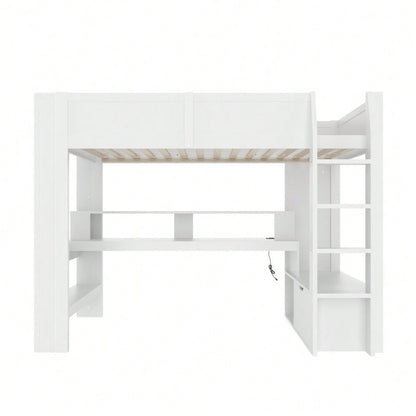 Hochbett,90*200cm ,Gaming Bett mit Schreibtisch, Mit LED-Leuchten,  Schreibtisch,Schublade, Regale, ohne Matratze, Weiß
