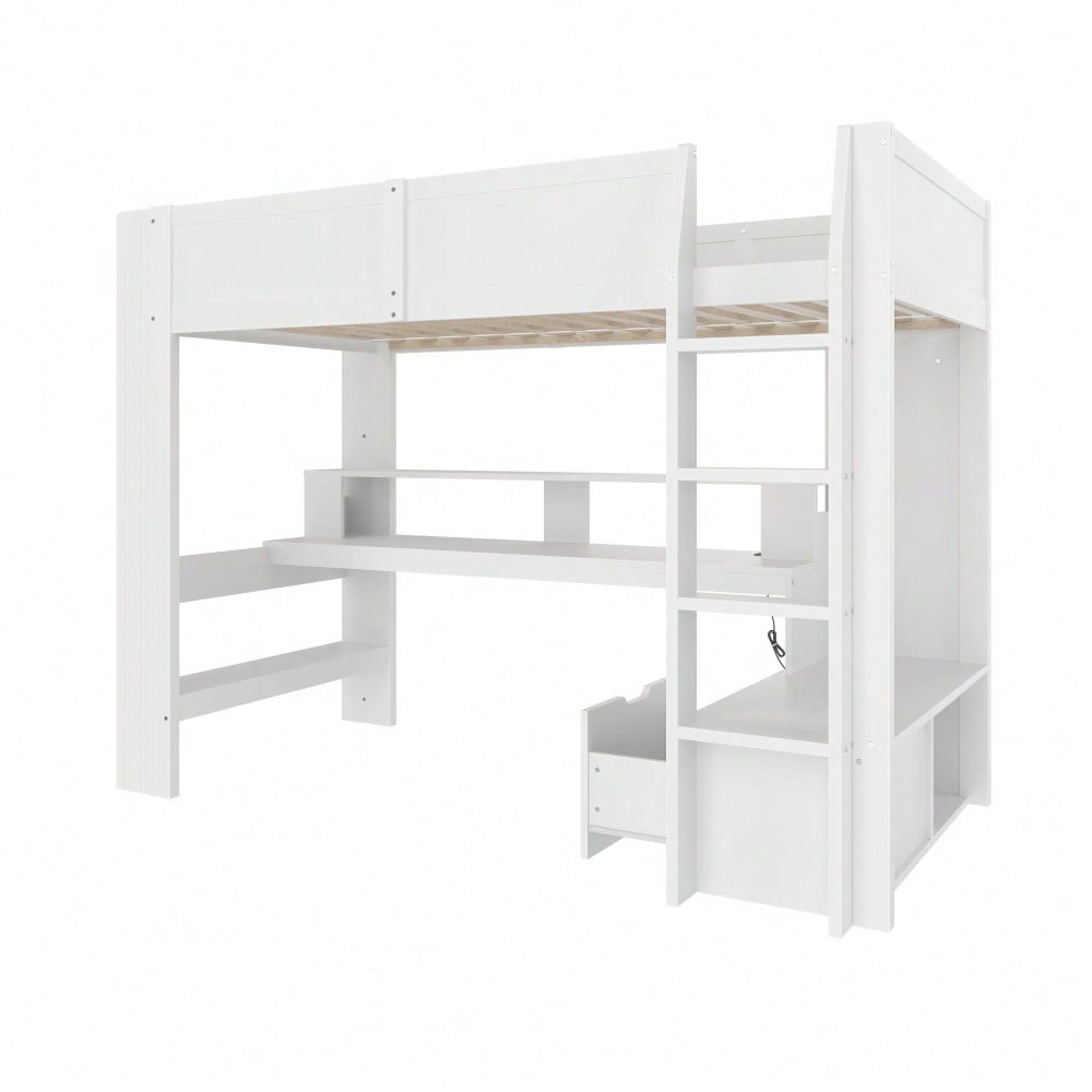 Hochbett,90*200cm ,Gaming Bett mit Schreibtisch, Mit LED-Leuchten,  Schreibtisch,Schublade, Regale, ohne Matratze, Weiß