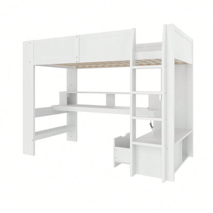 Hochbett,90*200cm ,Gaming Bett mit Schreibtisch, Mit LED-Leuchten,  Schreibtisch,Schublade, Regale, ohne Matratze, Weiß