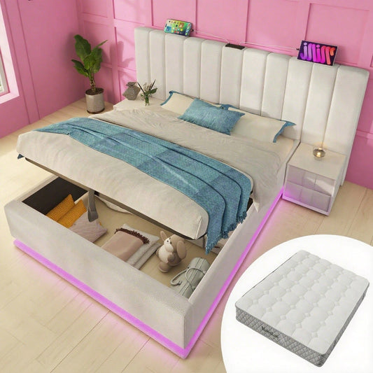 Polsterbett 180×200, Doppelbett Stauraumbett mit App Control LED und USB-C Ladefunktion, Bettgestell mit Lattenrost, PU, Weiß, Ohne Nachttisch (Mit Matratze)