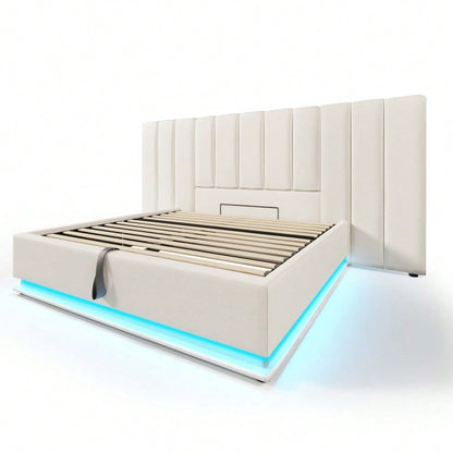Polsterbett 180×200, Doppelbett Stauraumbett mit App Control LED und USB-C Ladefunktion, Bettgestell mit Lattenrost, PU, Weiß, Ohne Nachttisch (Mit Matratze)