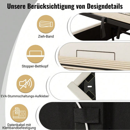 Polsterbett 180×200, Doppelbett Stauraumbett mit App Control LED und USB-C Ladefunktion, Bettgestell mit Lattenrost, PU, Weiß, Ohne Nachttisch (Mit Matratze)