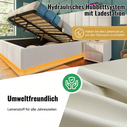 Polsterbett 180×200, Doppelbett Stauraumbett mit App Control LED und USB-C Ladefunktion, Bettgestell mit Lattenrost, PU, Weiß, Ohne Nachttisch (Mit Matratze)