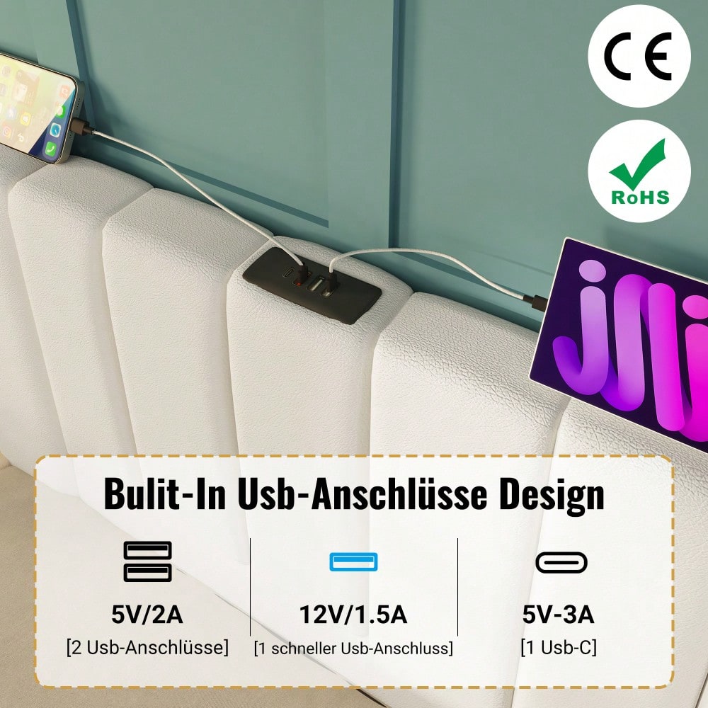 Polsterbett 180×200, Doppelbett Stauraumbett mit App Control LED und USB-C Ladefunktion, Bettgestell mit Lattenrost, PU, Weiß, Ohne Nachttisch (Mit Matratze)