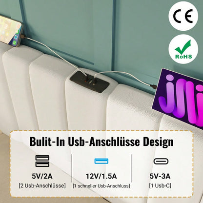 Polsterbett 180×200, Doppelbett Stauraumbett mit App Control LED und USB-C Ladefunktion, Bettgestell mit Lattenrost, PU, Weiß, Ohne Nachttisch (Mit Matratze)