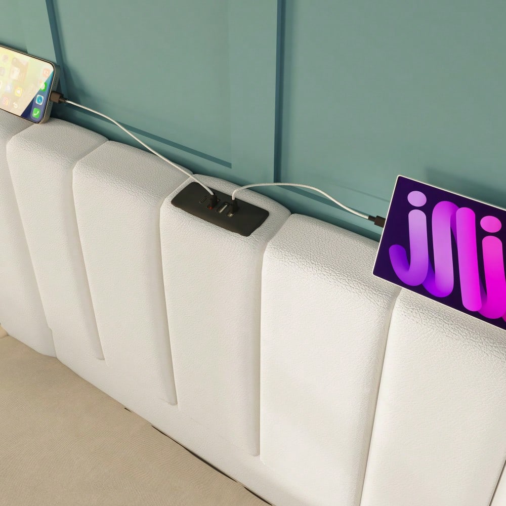 Polsterbett 180×200, Doppelbett Stauraumbett mit App Control LED und USB-C Ladefunktion, Bettgestell mit Lattenrost, PU, Weiß, Ohne Nachttisch (Mit Matratze)
