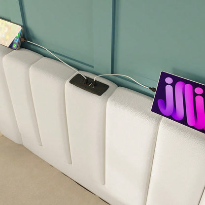 Polsterbett 180×200, Doppelbett Stauraumbett mit App Control LED und USB-C Ladefunktion, Bettgestell mit Lattenrost, PU, Weiß, Ohne Nachttisch (Mit Matratze)