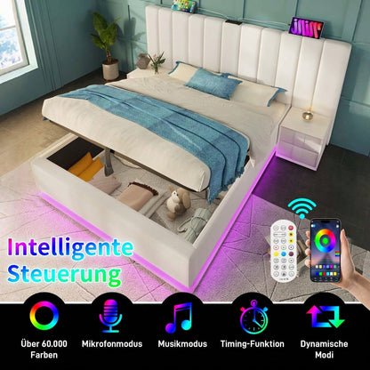 Polsterbett 180×200, Doppelbett Stauraumbett mit App Control LED und USB-C Ladefunktion, Bettgestell mit Lattenrost, PU, Weiß, Ohne Nachttisch (Mit Matratze)