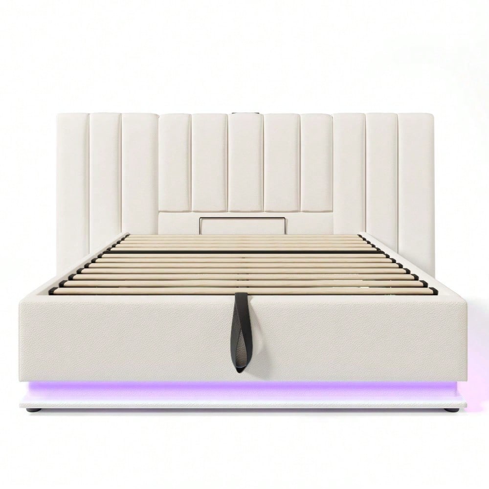 Polsterbett 180×200, Doppelbett Stauraumbett mit App Control LED und USB-C Ladefunktion, Bettgestell mit Lattenrost, PU, Weiß, Ohne Nachttisch (Mit Matratze)