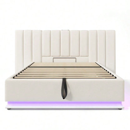 Polsterbett 180×200, Doppelbett Stauraumbett mit App Control LED und USB-C Ladefunktion, Bettgestell mit Lattenrost, PU, Weiß, Ohne Nachttisch (Mit Matratze)