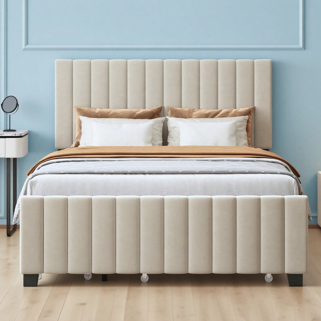 Polsterbett 140 x 190 cm mit Ausziehbett,mit zwei Schubladen ,flaches Doppelbett in hautfreundlichem Samtstoff Kinderbett Jugendbett Gästebett ,Beige(ohne Matratze)