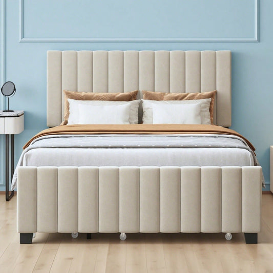 Polsterbett 140 x 190 cm mit Ausziehbett,mit zwei Schubladen ,flaches Doppelbett in hautfreundlichem Samtstoff Kinderbett Jugendbett Gästebett ,Beige(ohne Matratze)