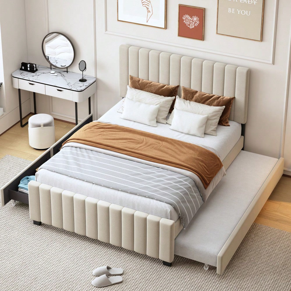 Polsterbett 140 x 190 cm mit Ausziehbett,mit zwei Schubladen ,flaches Doppelbett in hautfreundlichem Samtstoff Kinderbett Jugendbett Gästebett ,Beige(ohne Matratze)