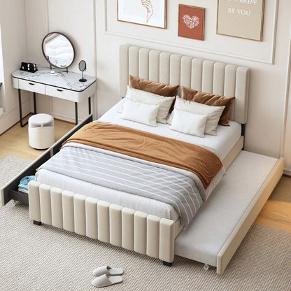 Polsterbett 140 x 190 cm mit Ausziehbett,mit zwei Schubladen ,flaches Doppelbett in hautfreundlichem Samtstoff Kinderbett Jugendbett Gästebett ,Beige(ohne Matratze)
