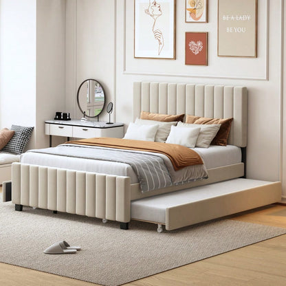 Polsterbett 140 x 190 cm mit Ausziehbett,mit zwei Schubladen ,flaches Doppelbett in hautfreundlichem Samtstoff Kinderbett Jugendbett Gästebett ,Beige(ohne Matratze)