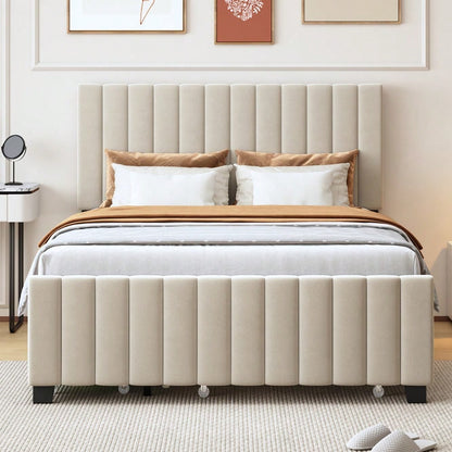Polsterbett 140 x 190 cm mit Ausziehbett,mit zwei Schubladen ,flaches Doppelbett in hautfreundlichem Samtstoff Kinderbett Jugendbett Gästebett ,Beige(ohne Matratze)