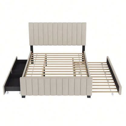 Polsterbett 140 x 190 cm mit Ausziehbett,mit zwei Schubladen ,flaches Doppelbett in hautfreundlichem Samtstoff Kinderbett Jugendbett Gästebett ,Beige(ohne Matratze)