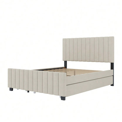 Polsterbett 140 x 190 cm mit Ausziehbett,mit zwei Schubladen ,flaches Doppelbett in hautfreundlichem Samtstoff Kinderbett Jugendbett Gästebett ,Beige(ohne Matratze)