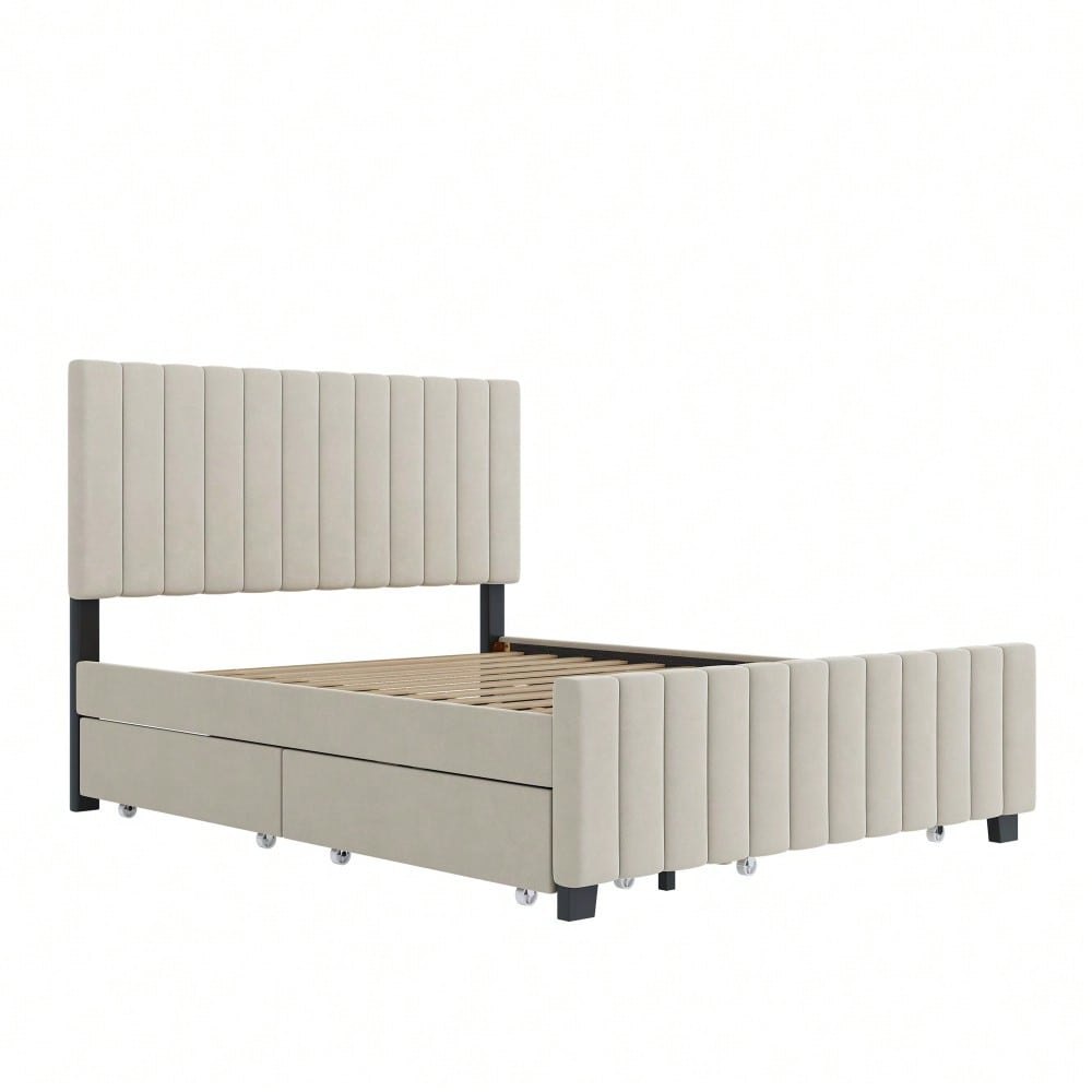 Polsterbett 140 x 190 cm mit Ausziehbett,mit zwei Schubladen ,flaches Doppelbett in hautfreundlichem Samtstoff Kinderbett Jugendbett Gästebett ,Beige(ohne Matratze)