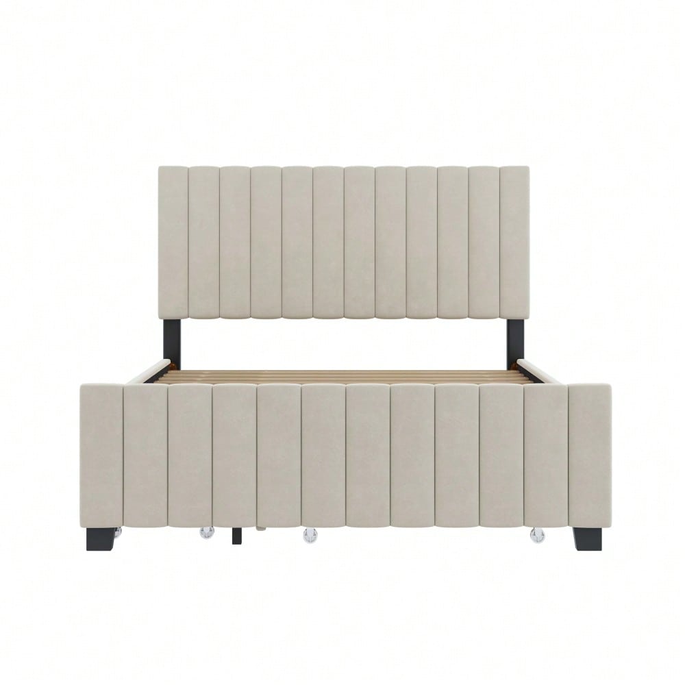 Polsterbett 140 x 190 cm mit Ausziehbett,mit zwei Schubladen ,flaches Doppelbett in hautfreundlichem Samtstoff Kinderbett Jugendbett Gästebett ,Beige(ohne Matratze)