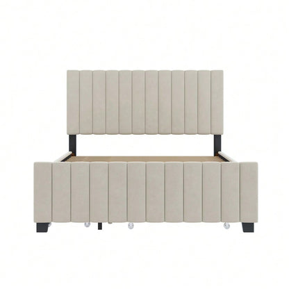Polsterbett 140 x 190 cm mit Ausziehbett,mit zwei Schubladen ,flaches Doppelbett in hautfreundlichem Samtstoff Kinderbett Jugendbett Gästebett ,Beige(ohne Matratze)