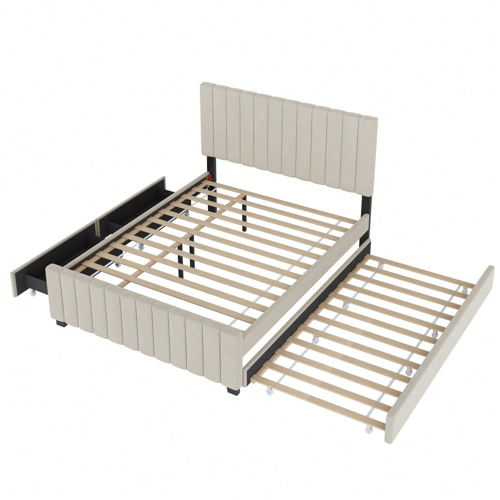 Polsterbett 140 x 190 cm mit Ausziehbett,mit zwei Schubladen ,flaches Doppelbett in hautfreundlichem Samtstoff Kinderbett Jugendbett Gästebett ,Beige(ohne Matratze)