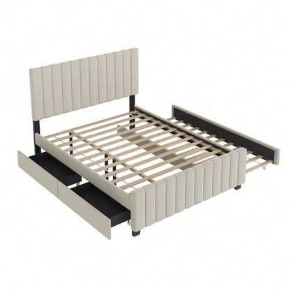 Polsterbett 140 x 190 cm mit Ausziehbett,mit zwei Schubladen ,flaches Doppelbett in hautfreundlichem Samtstoff Kinderbett Jugendbett Gästebett ,Beige(ohne Matratze)