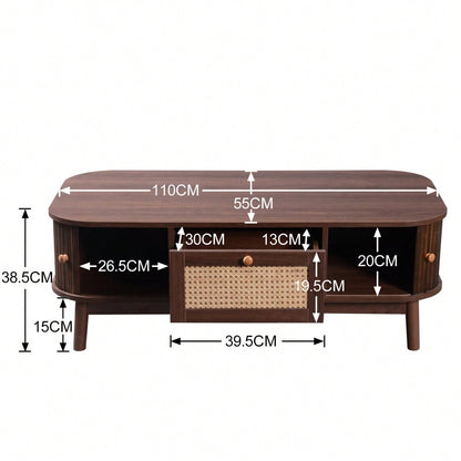 Couchtisch - Rattan-Kaffeetisch, Schubladen mit Rattan und Schiebetüren mit Massivholzlatten, Massivholzbeine, Natürlicher Landhausstil.