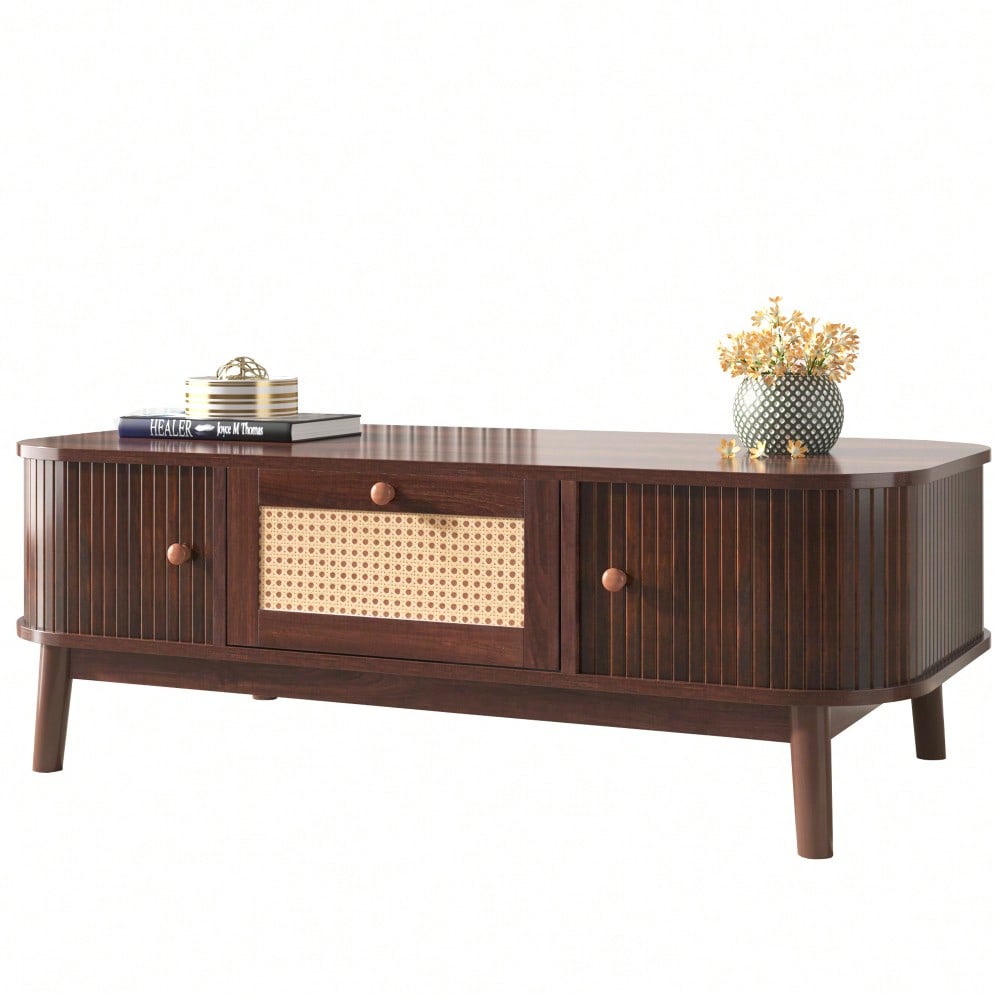 Couchtisch - Rattan-Kaffeetisch, Schubladen mit Rattan und Schiebetüren mit Massivholzlatten, Massivholzbeine, Natürlicher Landhausstil.