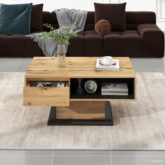 Couchtisch aus Holzmaserung, mit Eine grifflose Schublade, ein Staufach und Heckstaufach,doppelseitiger Stauraum. Büro, Wohnzimmer-Sofatisch, großer Stauraum.