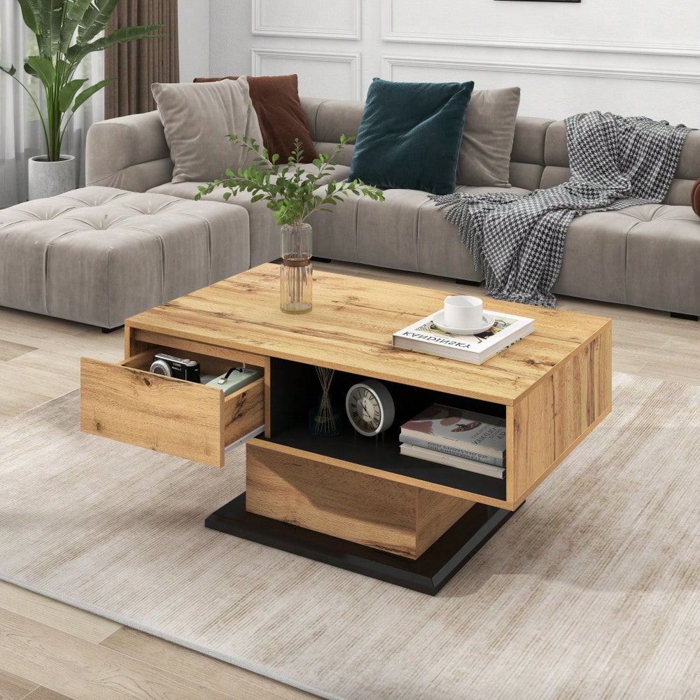 Couchtisch aus Holzmaserung, mit Eine grifflose Schublade, ein Staufach und Heckstaufach,doppelseitiger Stauraum. Büro, Wohnzimmer-Sofatisch, großer Stauraum.