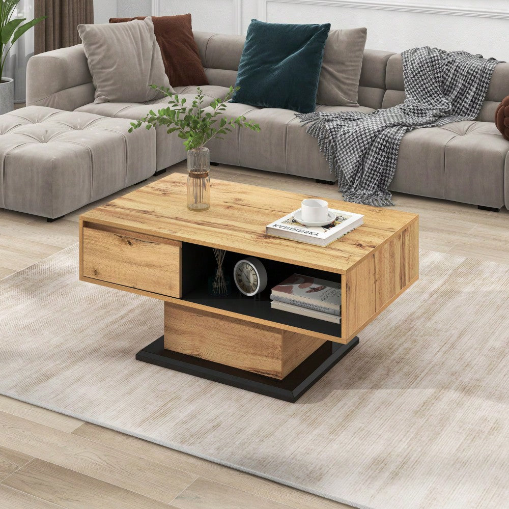 Couchtisch aus Holzmaserung, mit Eine grifflose Schublade, ein Staufach und Heckstaufach,doppelseitiger Stauraum. Büro, Wohnzimmer-Sofatisch, großer Stauraum.
