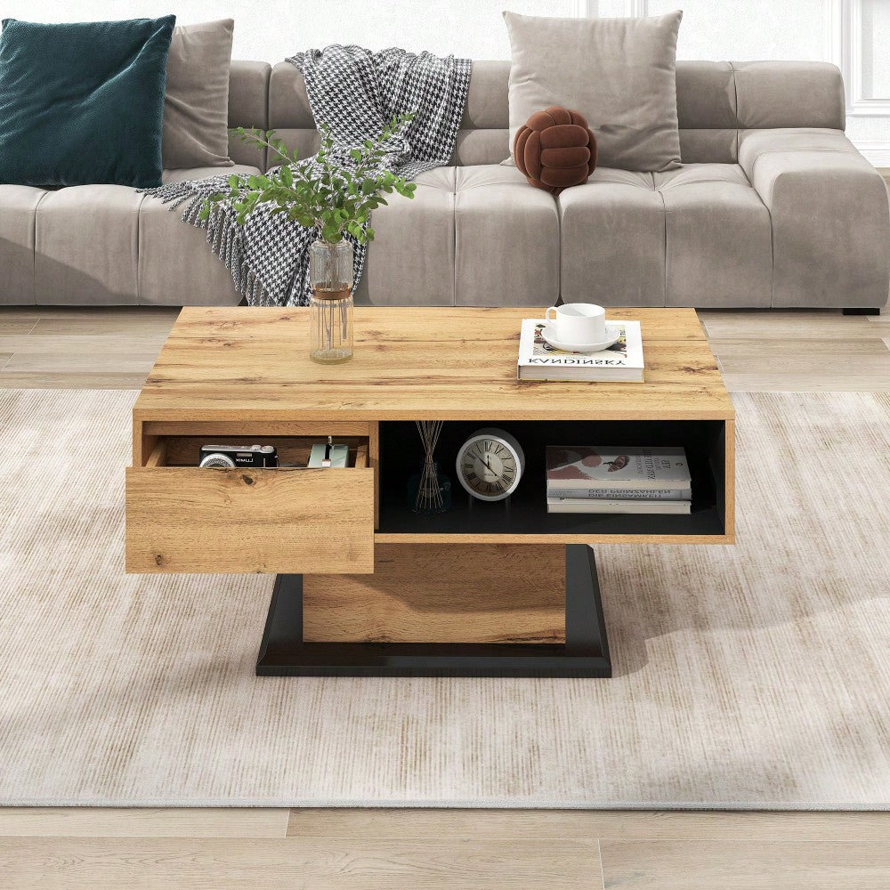 Couchtisch aus Holzmaserung, mit Eine grifflose Schublade, ein Staufach und Heckstaufach,doppelseitiger Stauraum. Büro, Wohnzimmer-Sofatisch, großer Stauraum.